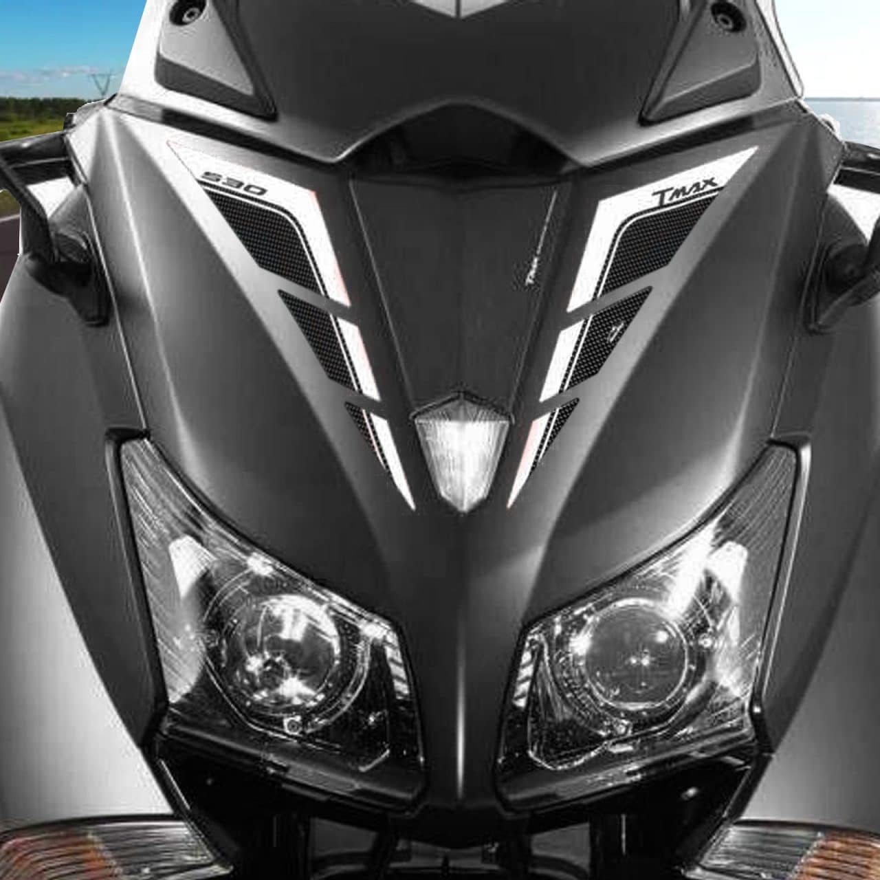 Adhesivos 3D compatibles con Yamaha TMAX 530 2012-2016 Frontal Blano-Negro