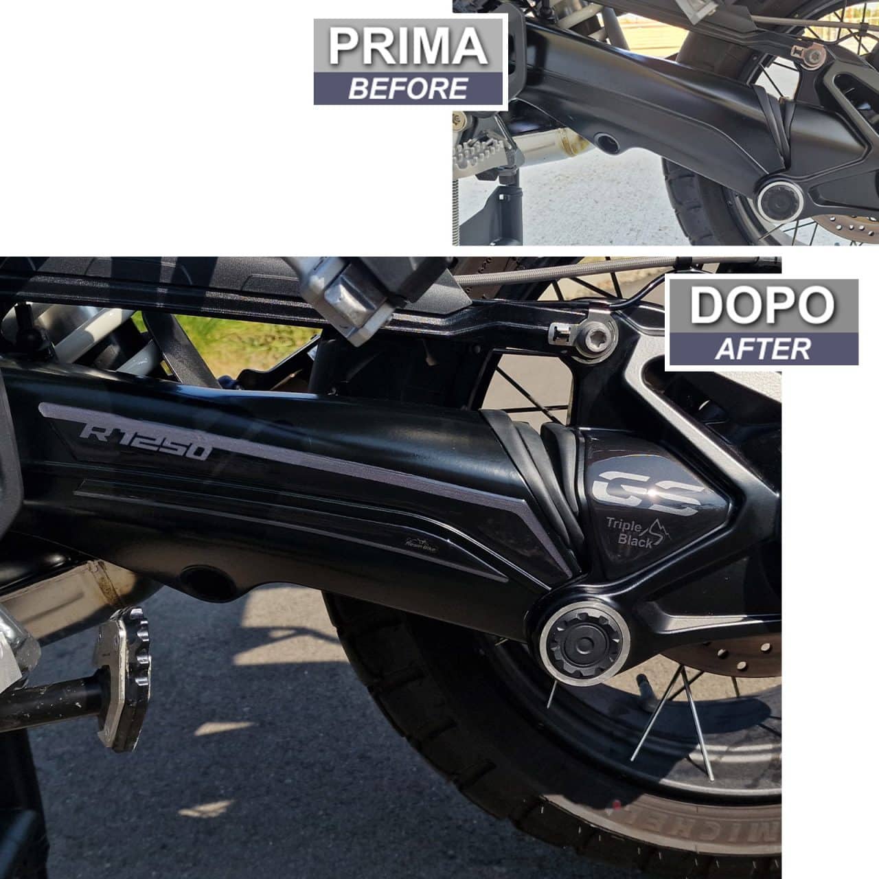 Adesivi 3D compatibili con BMW GS 1250 Adventure Triple Black 2023 Forcellone - immagine 3